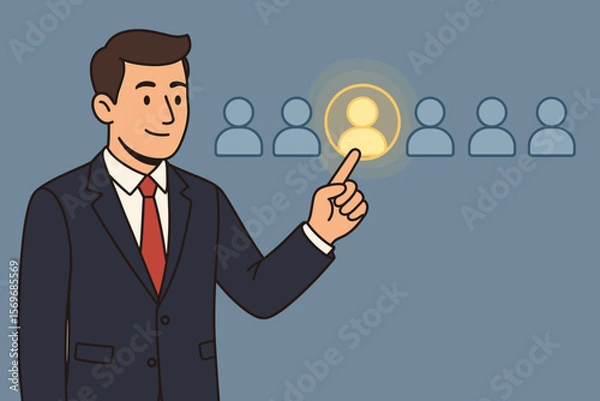 Fototapeta Businessman selects highlighted person icon. Recruitment concept, candidate selection, human resources. Target marketing, headhunting, talent acquisition, strategic partnership.