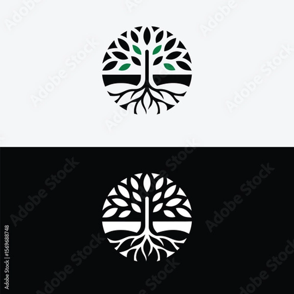 Fototapeta Tree of life logo design with roots and leaves isolated on white background