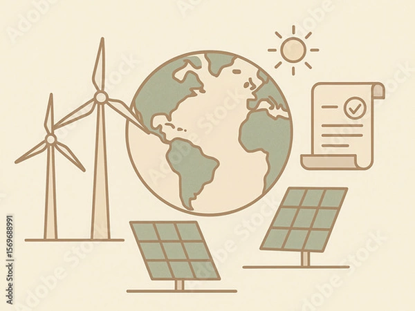 Fototapeta Minimal illustration of wind turbines, solar panels, Earth, sun, and document with checkmark, representing renewable energy and environmental sustainability