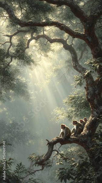 Obraz Family of monkeys sits on tree branches in sunlit forest, surrounded by lush greenery and dappled light