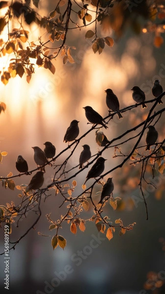 Obraz Birds perched on tree branches at sunrise, creating serene and peaceful atmosphere