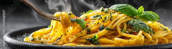 Obraz Steaming hot pasta with Thai basil and herbs on black plate, twirled on fork
