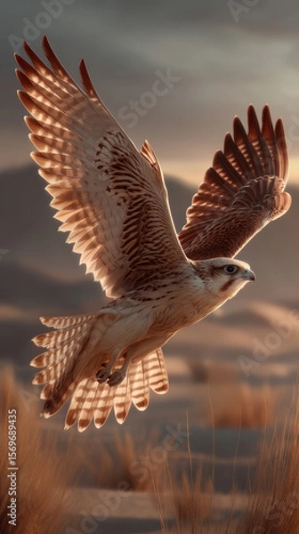 Obraz Majestic falcon soars low over desert, its wings spread wide as it scans sandy landscape