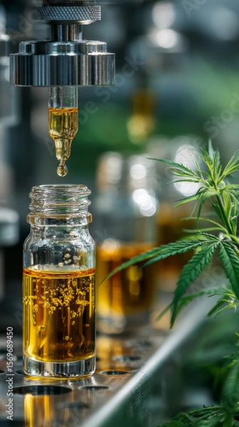 Obraz CBD oil extraction process in laboratory setting with focus on equipment and glass bottles