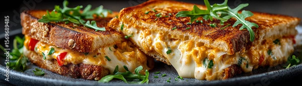 Obraz Grilled cheese sandwich oozing with creamy filling and fresh arugula on plate, garnished with herbs