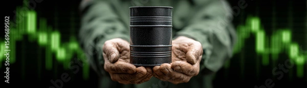 Obraz Hands holding miniature oil barrel against fluctuating stock market graph background