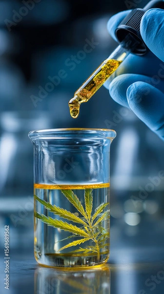 Obraz Laboratory technician holds dropper with cannabis oil above beaker containing cannabis leaf