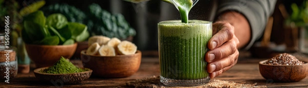 Obraz Person pours vibrant green smoothie into glass surrounded by fresh ingredients like spinach and bananas, creating healthy and inviting scene