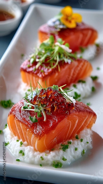 Obraz Salmon sashimi on sticky rice garnished with microgreens and roe, presented elegantly on white plate