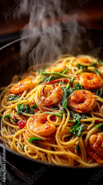 Obraz Steaming spaghetti with shrimp and vegetables in pan, showcasing vibrant colors and appetizing aroma