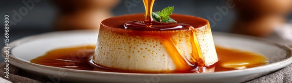 Obraz Creamy panna cotta with caramel sauce and mint garnish on plate