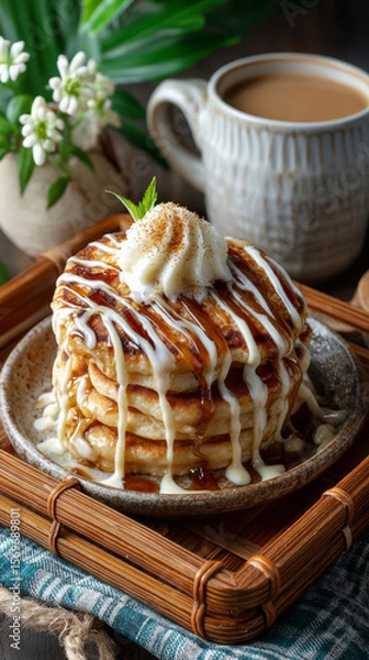 Obraz Fluffy pancake stack drizzled with condensed milk and syrup, topped with whipped cream, served on rustic plate