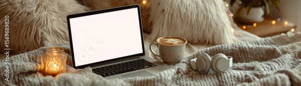 Obraz Cozy scene with laptop on bed, surrounded by warm blanket, headphones, candle, and cup of coffee