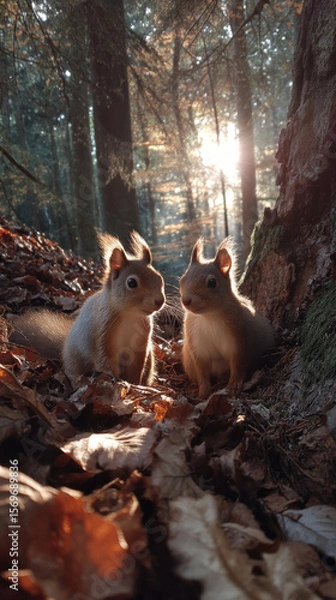 Obraz Two squirrels playfully interact on sunlit forest floor, surrounded by fallen leaves