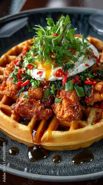 Obraz Crispy waffle topped with Thai red curry fried chicken, poached egg, and fresh greens, drizzled with syrup