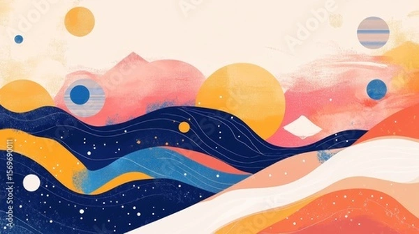 Fototapeta Vibrant abstract landscape illustration with celestial elements
