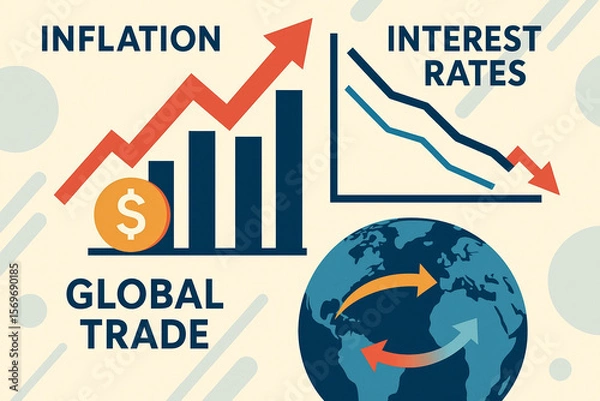 Fototapeta Image illustrates economic concepts including rising inflation, decreasing interest rates, global trade, and international economic exchange, highlighting interconnected financial trends