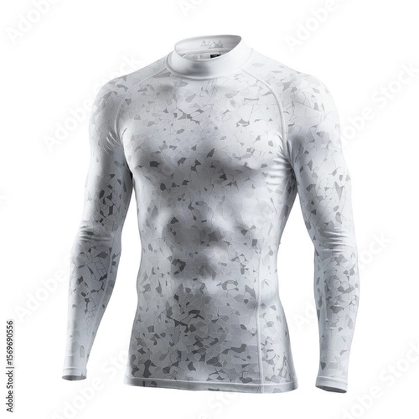 Fototapeta White long-sleeve compression shirt with a subtle gray abstract pattern on a dark background, Sportswear.