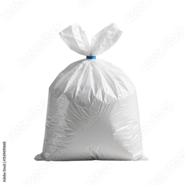 Fototapeta A full white plastic garbage bag tied with a blue band standing upright on a grey background, waste disposal.