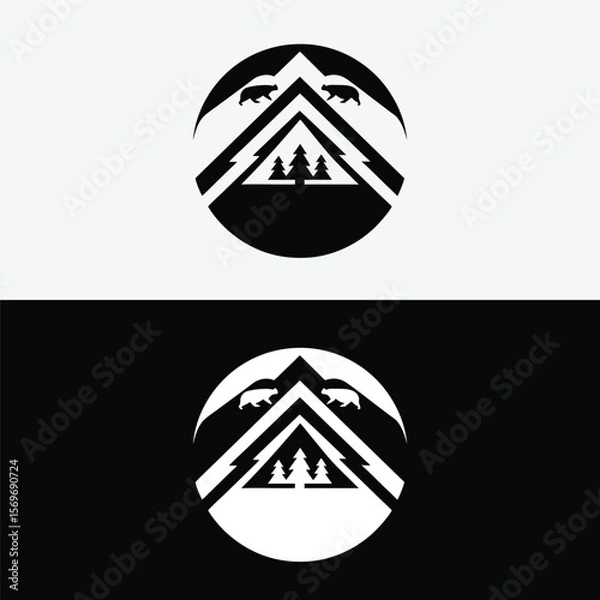 Fototapeta A black and white logo featuring a mountain, trees, and bears isolated on white background