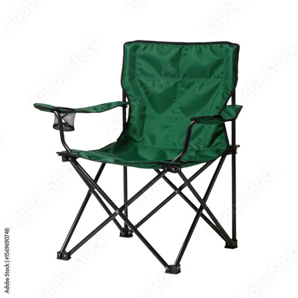 Obraz Green portable folding camping chair with armrests and a mesh cup holder on a white background, Outdoor Gear.