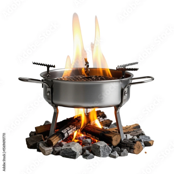 Obraz Portable stainless steel grill with vibrant flames and wood logs, ideal for outdoor cooking and camping adventures.