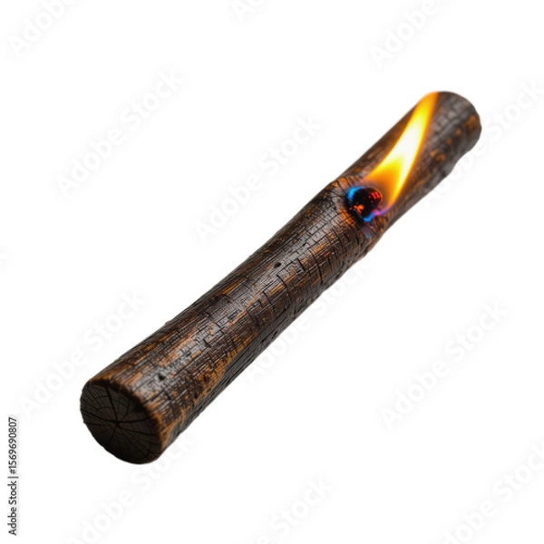 Obraz Burning wooden log with vibrant orange and blue flames, symbolizing warmth and outdoor adventures.