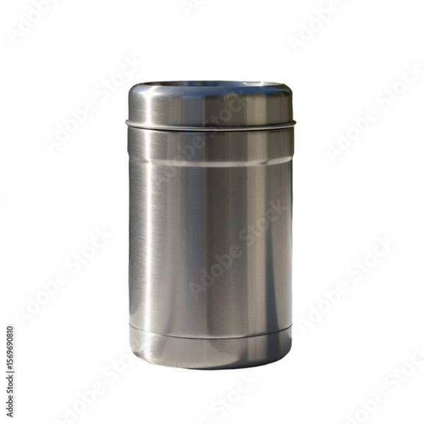 Obraz Stainless steel insulated food jar on a white wooden railing in a snowy winter forest, perfect for outdoor activities and keeping food warm.