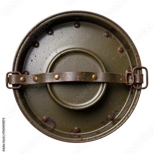 Obraz Vintage olive green military mess kit lid with worn leather strap and brass rivets, on a white background. Rustic outdoor gear.