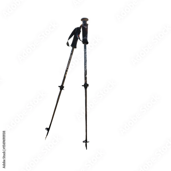 Obraz Trekking poles on a rugged mountain trail with snow-capped peaks and vibrant autumn flora under a bright sun, Autumn Winter Hiking Adventure