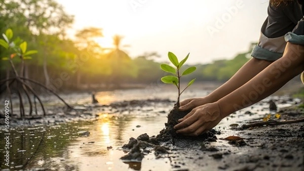 Fototapeta Person planting a small mangrove seedling in muddy coastal waters at sunset