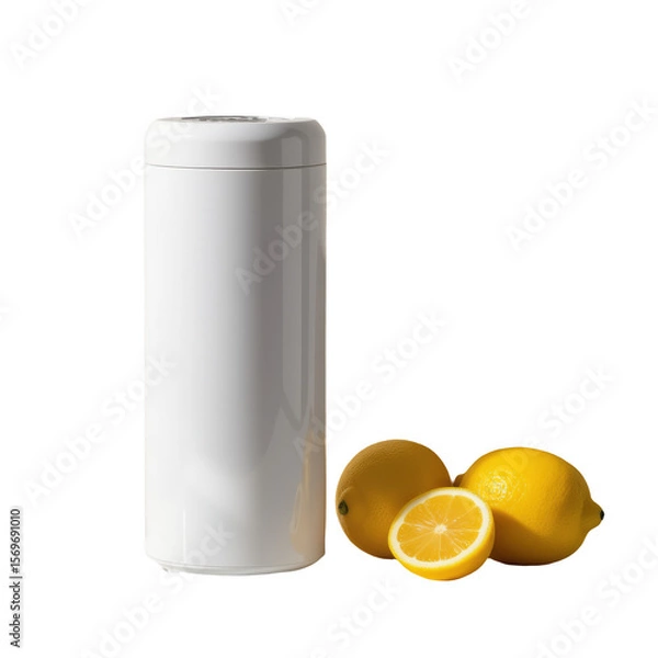 Obraz A white minimalist thermal bottle standing next to fresh yellow lemons on a reflective surface with natural sunlight, healthy hydration.