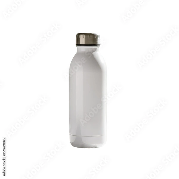 Obraz White reusable water bottle with silver cap on white table against blurred palm leaves, eco-friendly lifestyle concept.