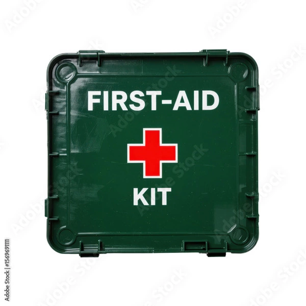 Obraz Green first-aid kit box with a red cross symbol on a white background, viewed from above, for emergency preparedness.