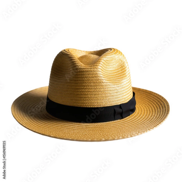 Obraz A classic straw fedora hat with a black ribbon band sits on a clean white surface, Summer Fashion.