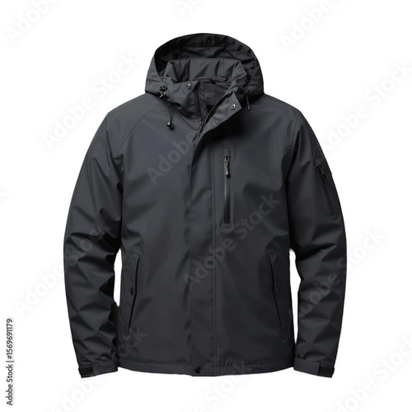 Obraz Dark grey waterproof outdoor jacket with hood and zippers, perfect for autumn and winter activities.