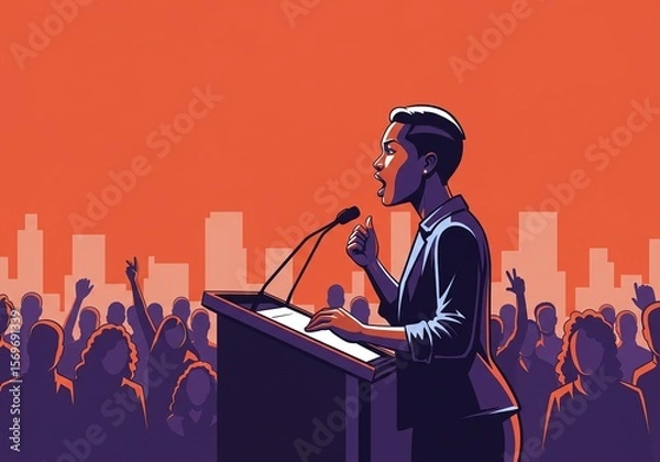 Fototapeta Female Orator Delivering a Motivational Speech with Cityscape Backdrop - Vibrant orange and purple tones, suitable for concepts of leadership, advocacy, community engagement, or urban development.