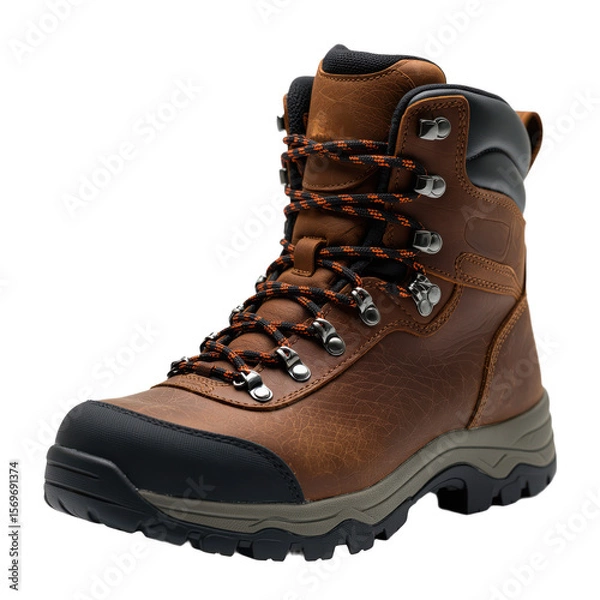Obraz Close-up of a sturdy brown leather hiking boot with black and orange laces on a white background, perfect for Autumn & Winter Outdoor Activities.