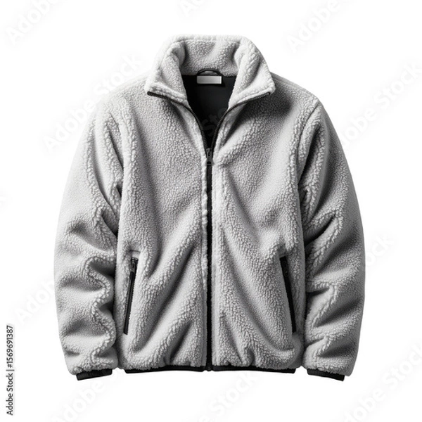 Obraz Cozy light grey fleece sherpa jacket with black zippers on a plain background, Winter Apparel