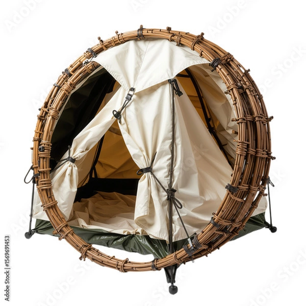 Obraz Unique circular outdoor tent with a woven wicker frame and cream fabric, symbolizing modern camping and glamping experiences.