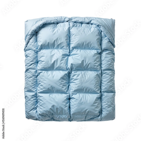 Obraz A light blue quilted sleeping bag or puffy blanket folded neatly on a white background, ready for outdoor adventures.