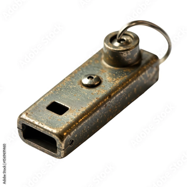 Obraz Old rusty metal survival whistle with a key ring on white background, vintage outdoor accessory.