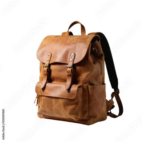 Obraz Vintage style brown leather backpack with brass buckles and multiple pockets in a studio setting, travel accessory fashion.