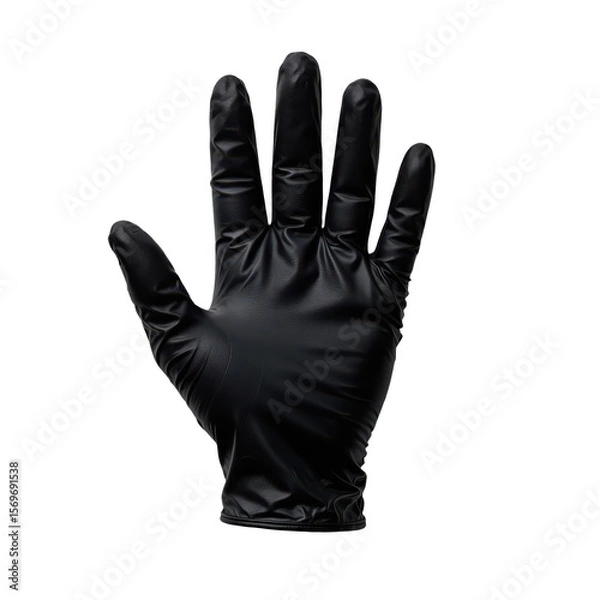 Obraz Single black disposable protective glove lying flat on a clean white background, symbolizing hygiene and safety.