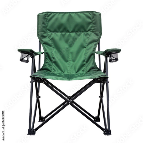 Obraz Green folding outdoor chair with cup holders on a paved surface against a white wall, Camping Gear.