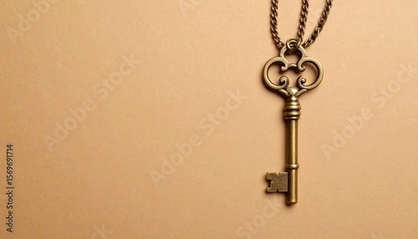 Fototapeta Elegant antique tabernacle key with ornate chain on neutral backdrop