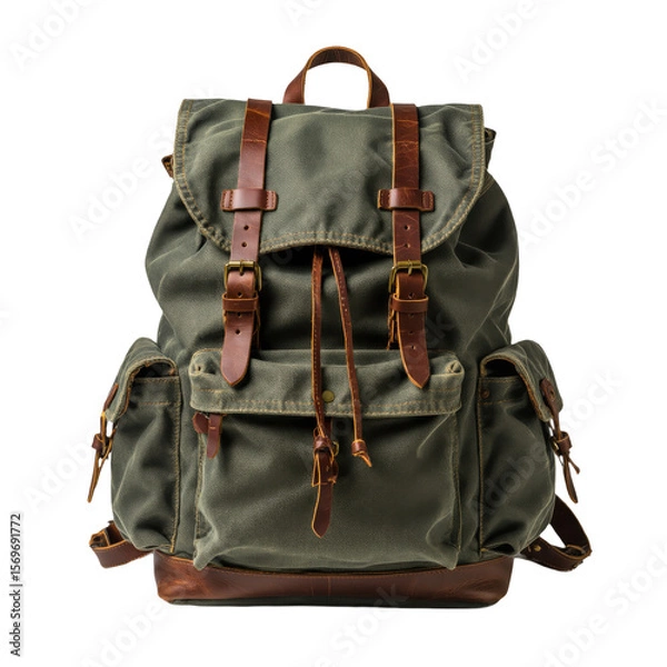 Obraz Vintage olive green canvas backpack with brown leather straps and brass buckles on a white background, Travel Gear.