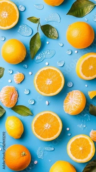 Obraz Capturing the vibrant essence of fresh oranges and lemons scattered against a bright blue background, this image evokes a sense of summer freshness and zestful energy.