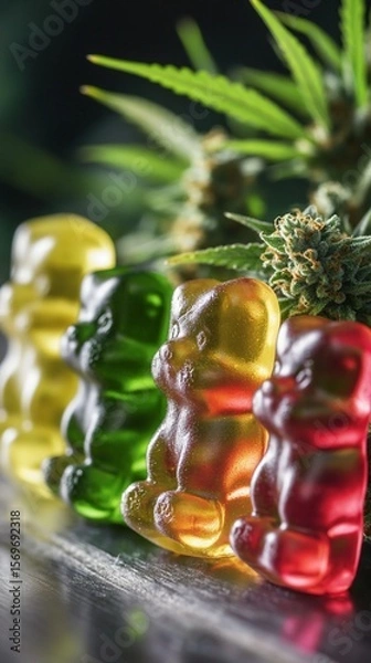Obraz Colorful gummy bears lined up against a backdrop of lush cannabis leaves, showcasing a vibrant combination of sweets and natural elements that create a unique visual appeal.