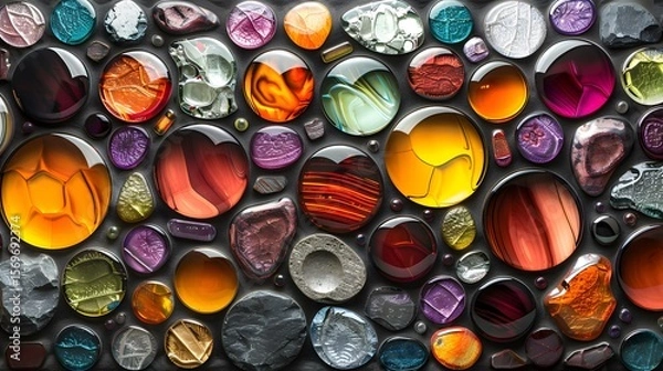Fototapeta Assorted polished stones and glass cabochons with swirling patterns vibrant colors translucent